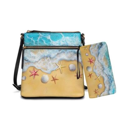 Imagem de Rchsomd Bolsa transversal de couro PU e conjunto de carteira para mulheres, bolsa Hobo espaçosa para viagens, trabalho e passeios casuais, Praia estrela-do-mar, One Size