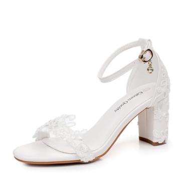 Imagem de Cateen Qooity Sandálias femininas elegantes de renda branca para casamento, salto bloco, tira no tornozelo, detalhes de cristal, Branco, 36