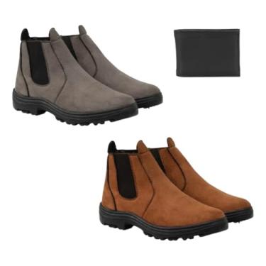 Imagem de Kit 2 Botas Botina Couro Camurça Conforto Trabalho + Carteira (Marrom/Cinza, Padrão, BR, Adulto, Numérico, 43)
