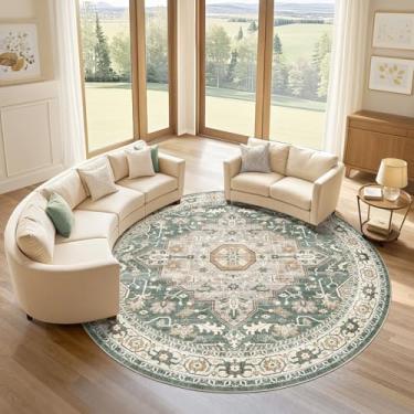 Imagem de Tapete redondo para sala de estar: 20 x 20 cm lavável boho neutro círculo grande macio interior envelhecido resistente a manchas tapete de casa de fazenda para quarto berçário crianças sala de jogos