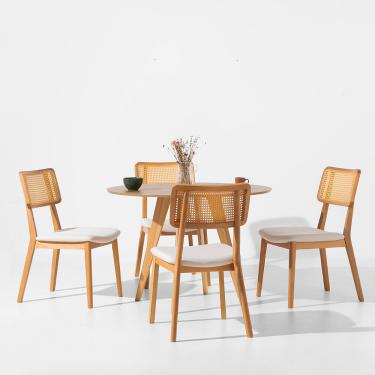 Imagem de Conjunto Mesa de Jantar Square Redonda Freijó - 1,08m + 4 Cadeiras Lalá Encosto Palha Creme Assento Plot Cru