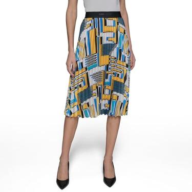 Imagem de Karl Lagerfeld Saia feminina plissada com estampa essencial, Branco macio/azul francês multi, PP
