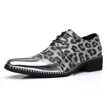 Imagem de MANLADUO Sapato social masculino de negócios, bico fino, estilo britânico, moderno, leopardo, patchwork, festa, Prata, 41