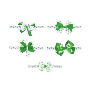 Imagem de Koolgil Grampo de cabelo com laço para meninas Dia de São Patrício trevo de quatro folhas clipe de bico de pato infantil acessórios de cabelo (5 peças de tiaras)