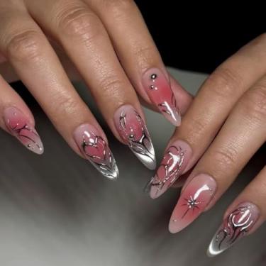 Imagem de Unhas de pressão de amêndoa média, ombré, rosa, nude, cola falsa, unhas com design de estrela Y2K, pérolas, cobertura total, bastão falso artificial em unhas de acrílico para uso diário, 24 peças