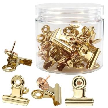 Imagem de 20 peças de grampos dourados - clipes de metal buldogue com pino - tachinhas de polegar para quadro de cortiça para escritório em casa, projetos de obras de arte escolares em cortiça, fotos