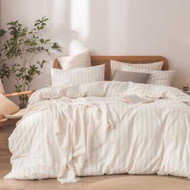 Imagem de BESTOUCH Conjunto de capa de edredom 100% algodão lavado e linho, super macio, confortável, chique, leve, 3 peças, conjunto de cama para casa, branco e cinza amêndoa, listras Queen