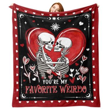 Imagem de Zzkol Cobertor de flanela de esqueleto gótico de dia dos namorados, presente de aniversário de casamento com coração vermelho engraçado para mulheres, namorada, esposa, amante, cobertor romântico