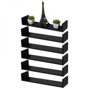 Imagem de Kit 6 Prateleiras U 50 X 20cm Preta Suporte Invisível