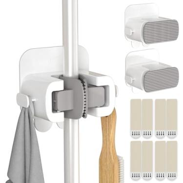 Imagem de TAILI Suporte de parede para esfregão e vassoura, 3 ganchos e 8 tiras adesivas, suporte de parede para pendurar sem danos, organizador de limpeza doméstica para organização e armazenamento, comporta