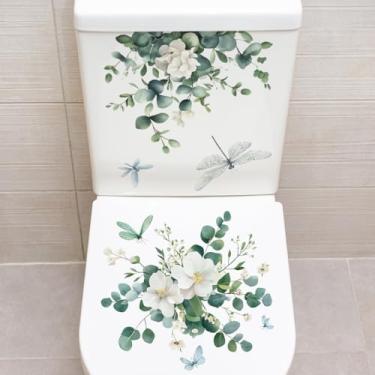 Imagem de 2 folhas de buquê de folhas verdes tampa de vaso sanitário e adesivo de tanque 30,5 cm x 30,5 cm flor borboleta libélula planta verde vaso sanitário capa decalques floral cisterna adesivos descascar e