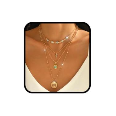 Imagem de Aularso Colares femininos em camadas douradas, estilo boêmio, longo, turquesa, pingente de moeda, joias