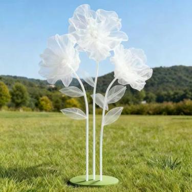 Imagem de Mverse Flor de papoula gigante, flores grandes de organza de papoulas grandes com base de ferro resistente, decorações de hastes de tubo de alumínio para casamentos ao ar livre, festa, decoração de