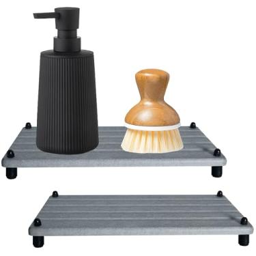 Imagem de 2 bandejas de pedra absorvente de água para pia de banheiro e balcão de cozinha, suporte de pia de diatomita de secagem rápida, bandeja de penteadeira, suporte de sabão para as mãos com pés