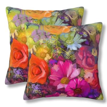 Imagem de ZYNTIRAX Buquê de flores vibrantes, margarida, peônia, gerbera, pétalas, conjunto de 2 fronhas quadradas para sofá-cama e sofá
