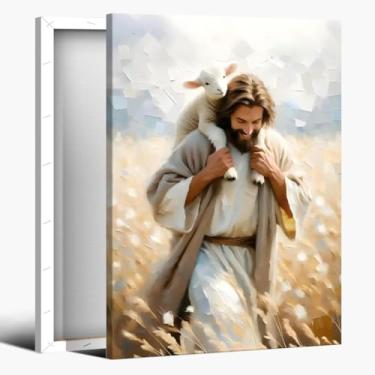 Imagem de Tela emoldurada Jesus arte de parede cristã decoração de parede imagem Jesus encontra o cordeiro perdido impressão pôster para igreja, casa, sala de estar, quarto, jantar, escritório, sala de oração