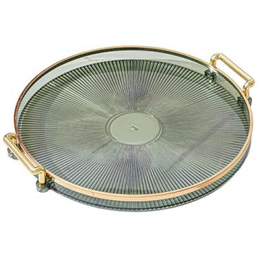 Imagem de Bandeja de frutas requintada com alças douradas, bandeja de plástico redonda verde para cozinha, sala de estar e banheiro, prato de lanche versátil com design radial, elegante e durável