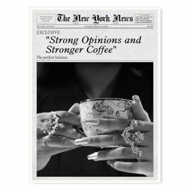 Imagem de Arte de parede de café de jornal vintage de Nova York preto e branco elegante impressão em tela editorial chique pôsteres estéticos para cozinha, lounge, café, decoração minimalista, pôster 28 x 35 cm