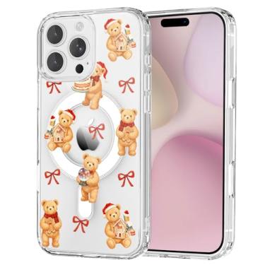 Imagem de OFQKOAKS Capa para iPhone 16 Pro, compatível com MagSafe, capa protetora magnética fofa festiva de Natal com laço de urso pequeno e transparente para mulheres e meninas