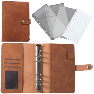 Imagem de Fichário de couro A6 para homens e mulheres, fichário de couro PU com 6 anéis, bloco de notas recarregável, divisórias, papel de reposição, bolsa removível para trabalho e uso profissional, marrom
