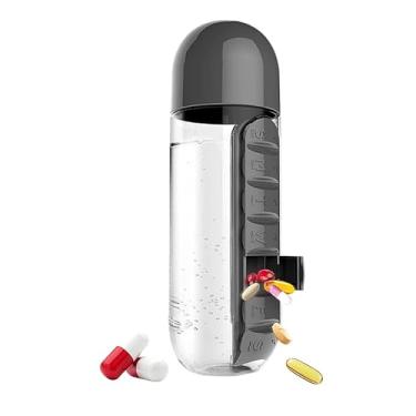 Imagem de Garrafa para Academia Fitness de Água com Porta Comprimidos 600ML Lembrete de Comprimidos (PRETA)