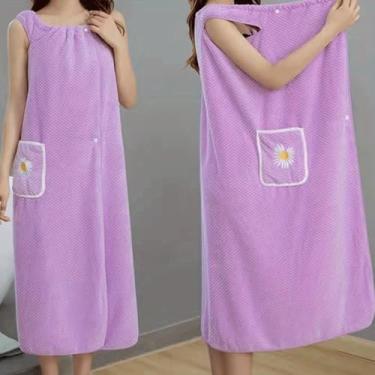 Imagem de Toalha de banho vestível saia absorvente de lã coral envoltórios de banho para mulheres após o banho toalha de banho ajustável com casa hotel para sauna praia piscina academia viagem - roxo-P