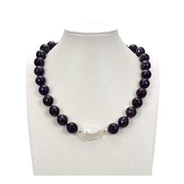 Imagem de URMIBDAI Colares femininos joias 14 mm facetadas ametistas redondas pedras pedras brancas keshi barroco colar com pingente de pérola para mulheres