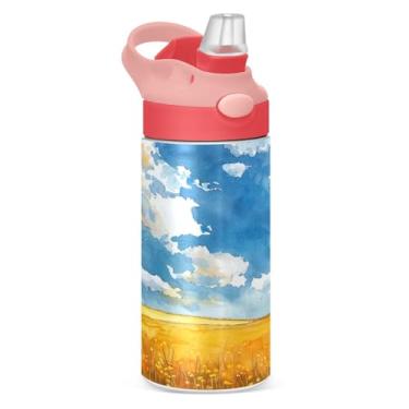 Imagem de Blueangle Garrafa de água de campo amarelo de aço inoxidável isolada de 350 ml com tampa de canudo - Garrafa esportiva reutilizável e portátil à prova de vazamento para viagens, ao ar livre (467)