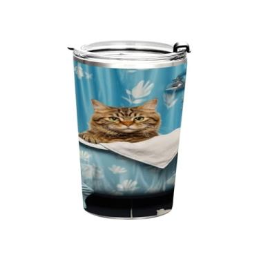 Imagem de Blueangle Copo de 340 g com tampa e canudo, copo de café com água isolada a vácuo de aço inoxidável, caneca de viagem de gato para banheira, copo térmico para bebidas quentes e frias(48)