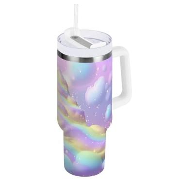 Imagem de Blueangle Copo isolado de 850 g com alça e tampa de canudo - Caneca de viagem de aço inoxidável à prova de vazamento, garrafa de água em espiral de sorvete arco-íris de parede dupla (909)