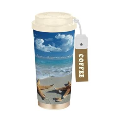 Imagem de SEHANY Caneca de viagem Summer Sea Beach Starfish 482 g Copos de café reutilizáveis revestidos de cerâmica com tampa à prova de vazamento, parede dupla, isolamento a vácuo, copo de café de aço