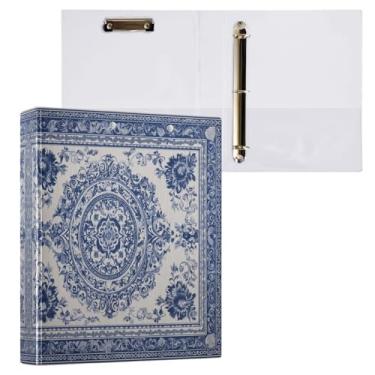 Imagem de Blueangle Fichário de 3 anéis estilo porcelana azul e branca com prancheta e 2 bolsos - Organizador de documentos decorativos de 3 cm para escritório, suprimentos para reuniões (309)