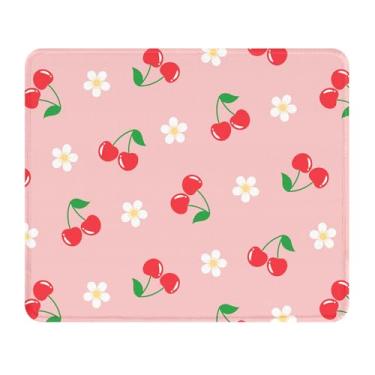 Imagem de Seorsok Tapete de rato cerejas vermelhas e margaridas, tapetes de rato texturizados premium para laptop de escritório, tapetes de rato bonitos quadrados laváveis com bordas costuradas estendidas base