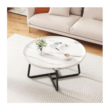 Imagem de HGTRH Mesas de encaixe redondas para sala de estar, conjunto de 2 mesas de centro modernas com suporte de aço carbono HDF empilhável para apartamento, sala de estar, quarto, varanda, branco, 80 x 80 x