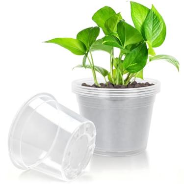 Imagem de FUOAUYK Vasos grandes transparentes de 23 cm com drenagem, pacote com 5 vasos de plástico para plantas, vasos de mudas de plantas transparentes para jardinagem interna e externa (23 cm)