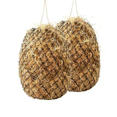 Imagem de megrocle Pacote com 2 redes de feno de alimentação lenta para cavalos, cabras, ovelhas - Alimentador de nylon durável de 101,6 cm de comprimento com furos de 5 cm e anel circular com cordão, protetor