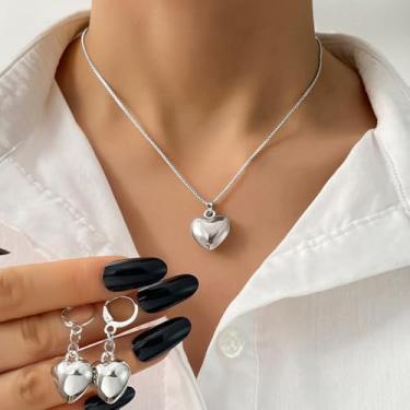Imagem de Conjunto de colar com pingente de coração inchado e brincos enormes, joias delicadas românticas minimalistas para mulheres, One Size, Metal, Sem Pedra Preciosa