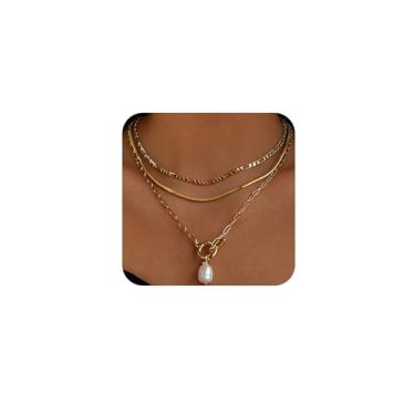 Imagem de Colares em camadas banhados a ouro 14 k para mulheres, colares de pérolas de ouro empilháveis, gargantilha simples, pingente de pérolas, conjunto de joias delicadas, presentes para mulheres, namorada