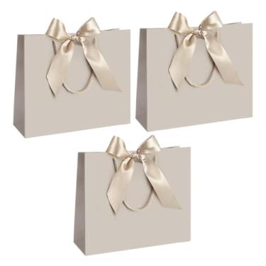 Imagem de 3 peças de sacos de presente de Natal de papel kraft com alças e fita de laço - elegantes para casamento, chá de panela, aniversário, inauguração de casa, compras de férias, presentes (champanhe - 3