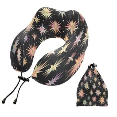 Imagem de CEBUGI Travesseiros de viagem portáteis em forma de U, travesseiro de pescoço de espuma viscoelástica com trava de corda ajustável para avião, viagem, trem, negócios, escritório, soneca (estrelas)