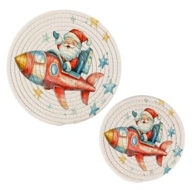 Imagem de Wassud Lindo conjunto de trivet de Papai Noel feliz para pratos quentes, suportes redondos de algodão, almofadas quentes, porta-copos elegantes, decoração de cozinha e acessórios, 2 peças