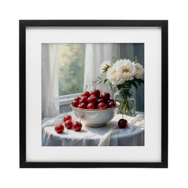 Imagem de Stupell Industries Cherries & Flowers Still Life Impressão emoldurada preta sob vidro, design por Lettered and Lined, 13 x 13