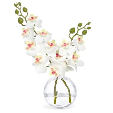 Imagem de Lovmeety Orquídea Flores artificiais em vaso de vidro, orquídeas brancas, arranjos florais com água sintética, toque real, Phalaenopsis, mesa de centro de mesa para decoração de casa de banho