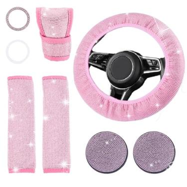 Imagem de DICOSMETIC Conjunto de acessórios de carro rosa com glitter para decoração de veículo com strass, capa de volante, almofada de cinto de segurança brilhante, capa de mudança de marcha, porta-copos de