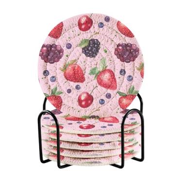Imagem de SEHANY Conjunto de 6 porta-copos fofos de morango com suporte, porta-copos redondos absorventes de algodão resistente ao calor para mesa de jantar, canecas de café, proteção de copos, 10 cm