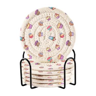 Imagem de SEHANY Conjunto de 6 porta-copos de sobremesa fofos com suporte, porta-copos redondos absorventes de algodão resistente ao calor para mesa de jantar, canecas de café, proteção de copos, 10 cm