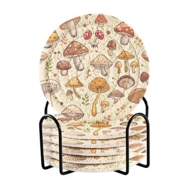 Imagem de SEHANY Conjunto de 6 porta-copos de cogumelos florestais com suporte, porta-copos redondos absorventes de algodão resistente ao calor para mesa de jantar, canecas de café, 10 cm