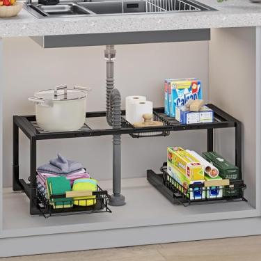 Imagem de INGIORDAR Organizadores sob a pia de 2 camadas expansível organizador de armário deslizante para pia prateleira de armazenamento de armário para cozinha banheiro (preto, (26,18-30,9) "Dx14,17" x 11,02