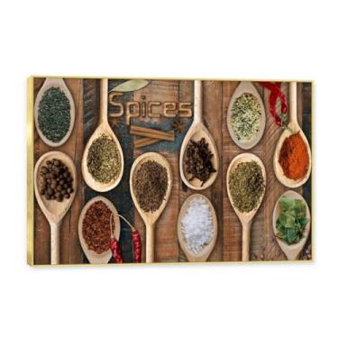 Imagem de NHLDZYH Moldura dourada. Arte de parede em tela de especiarias coloridas e colher de tempero | Decoração de cozinha vintage | Arte moderna para casa e sala de jantar. B56. 80 x 120 cm - 31,5 x 47,3