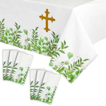 Imagem de Pacote com 6 capas de mesa religiosas para festa de Páscoa, batismo, primeira comunhão, toalha de mesa de plástico com cruz dourada católica - 137 x 274 cm - acessório de festa para eventos temáticos